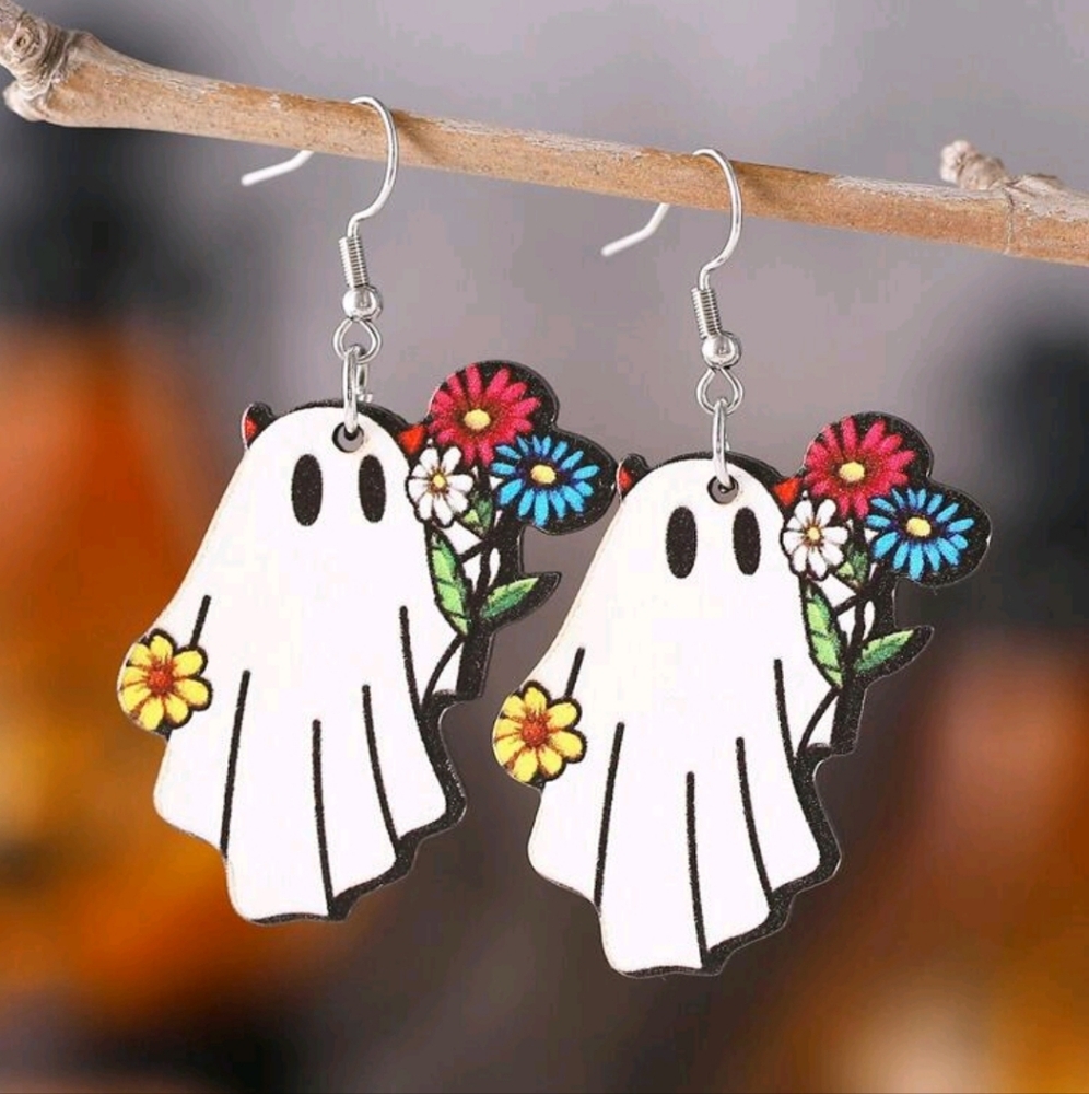 👻 Ghost w/Colorful Flowers 🌼 Earrings (dangle)